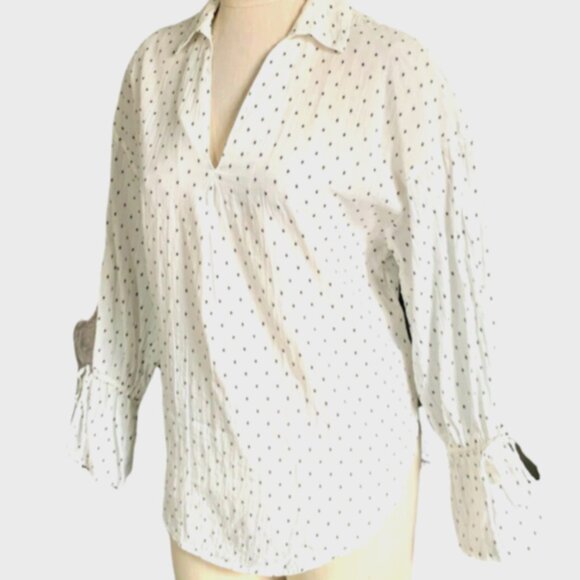 H&M Cream-White & Black Oval/Swiss Dot Blouse Long Bell Sleeve Sz XS #180A - Picture 2 of 7